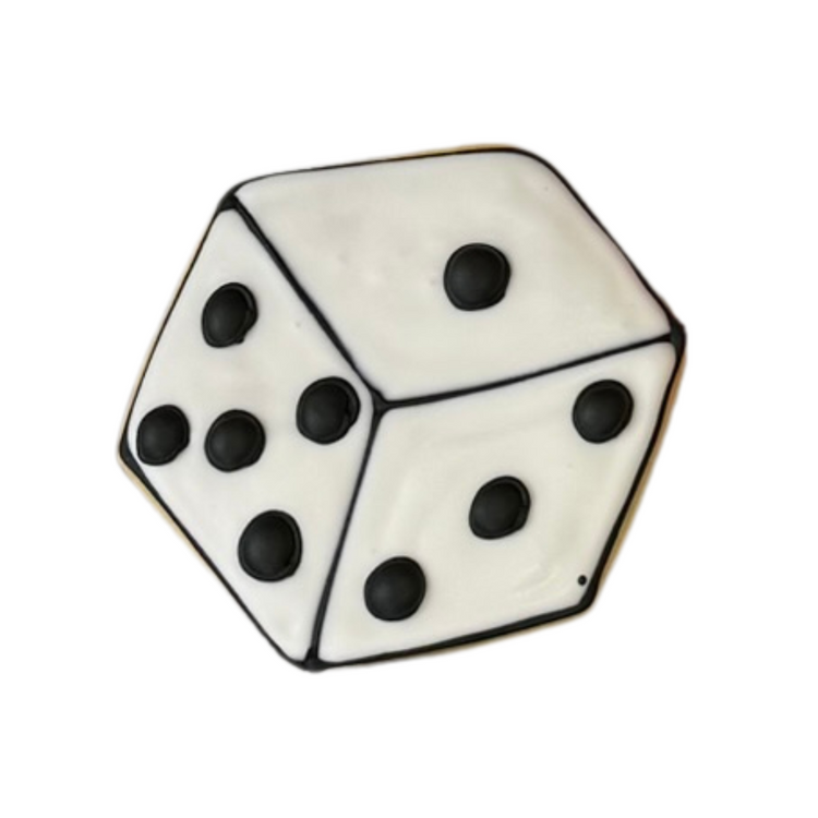 Casino Cookies shaped like a white die with black icing dots.