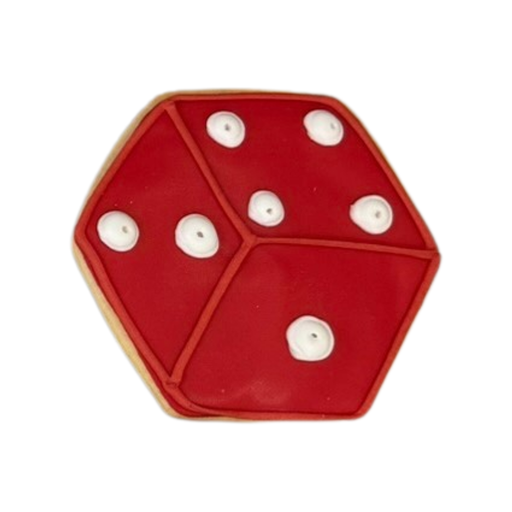 Casino Cookies shaped like a red die with white icing dots.