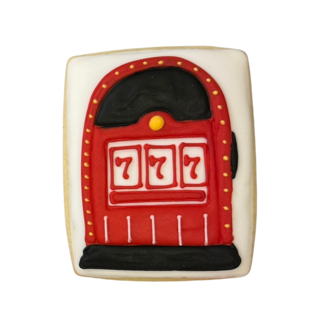 Casino Cookies shaped like a red slot machine with 777.