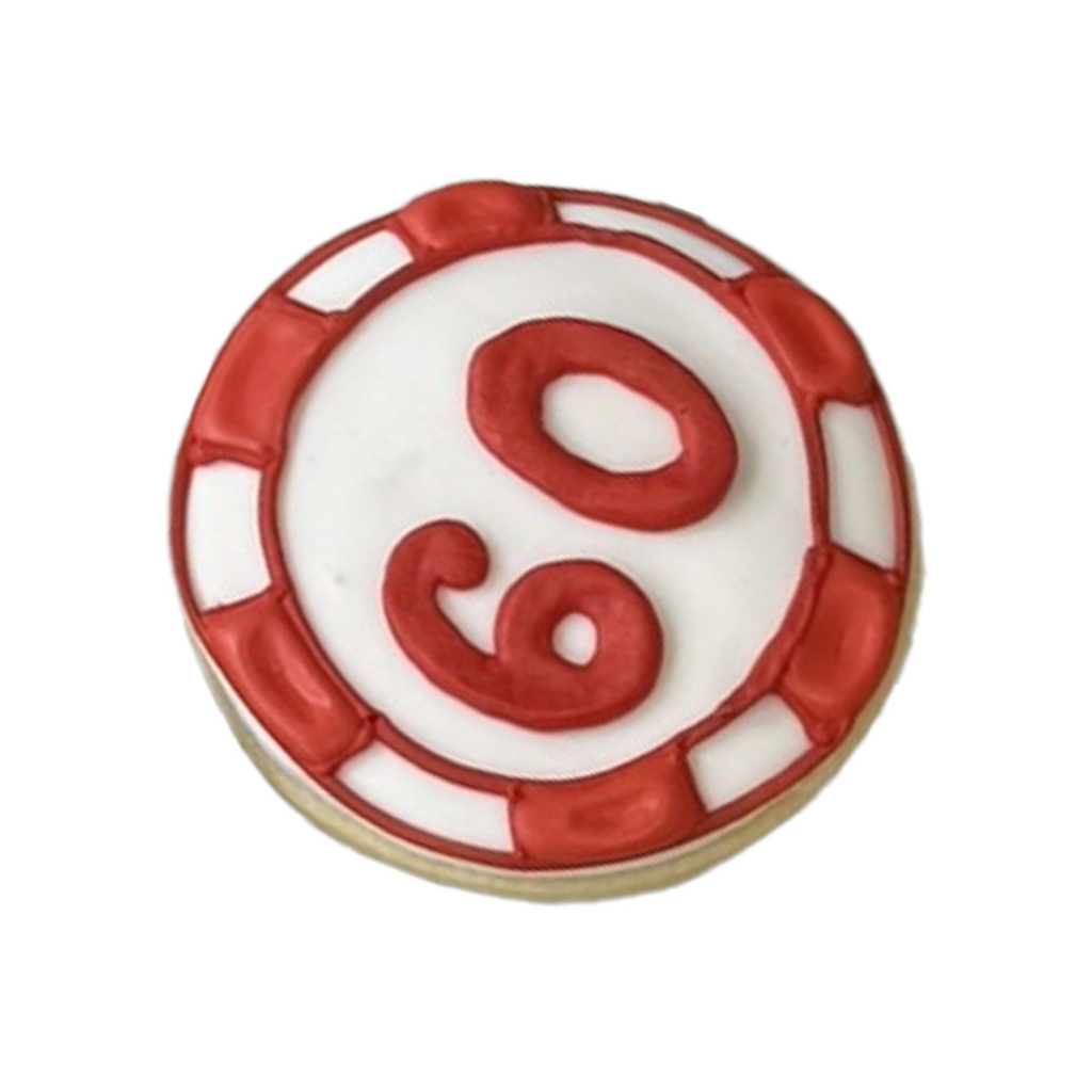 Casino cookie shaped like a red and white poker chip with 60.