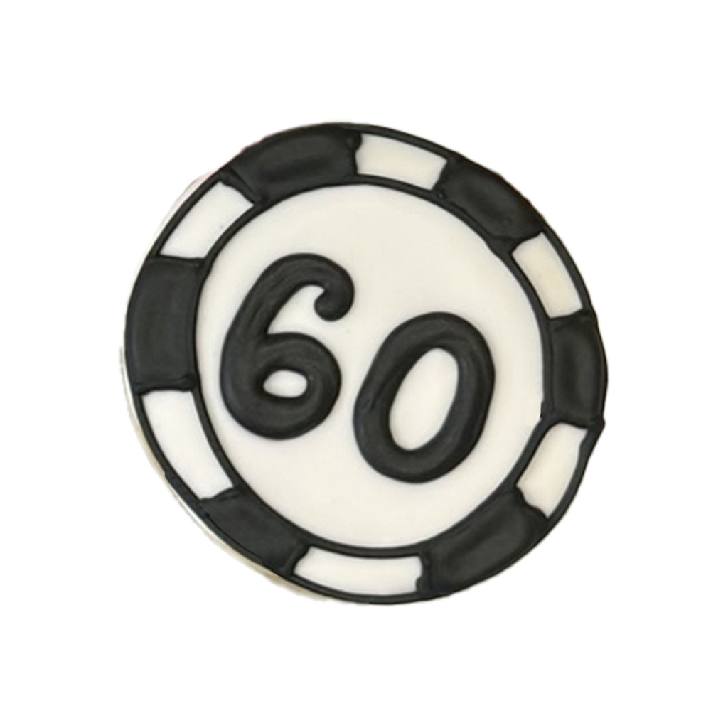 Casino Cookie shaped like a black and white 60 poker chip