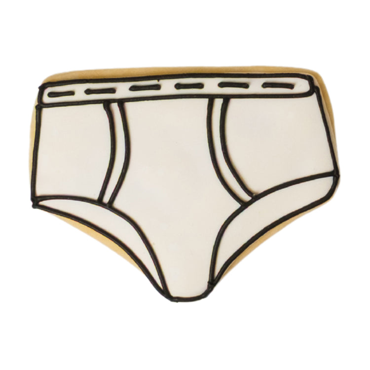Underwear-shaped sugar cookie with white icing and black piping.