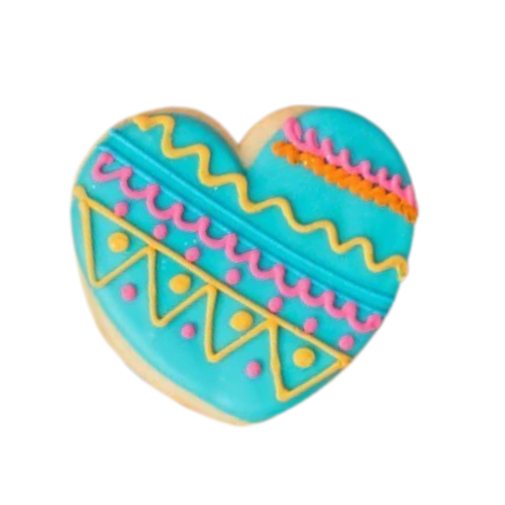 Diwali heart-shaped cookie with blue icing and colorful patterns
