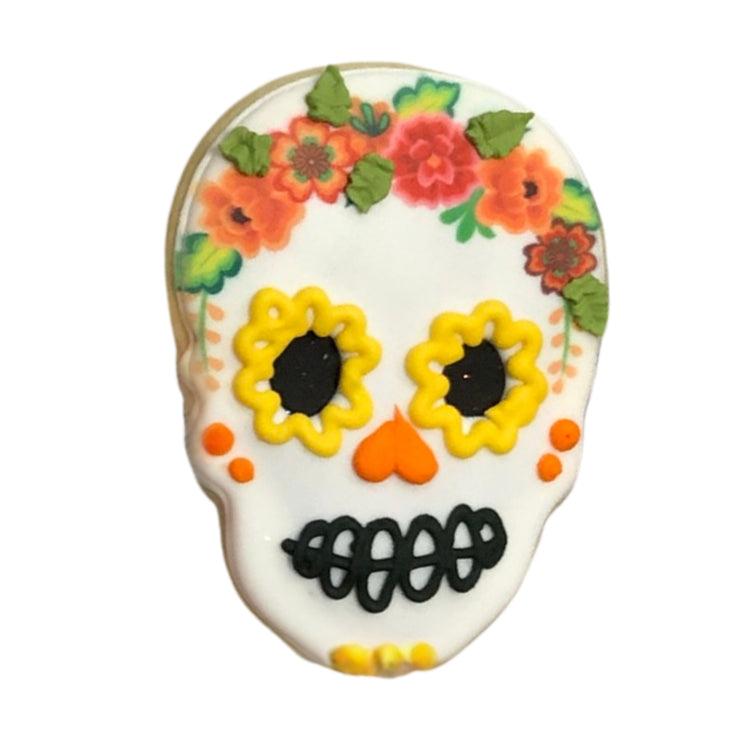 Day of the Dead sugar cookie with floral icing crown.