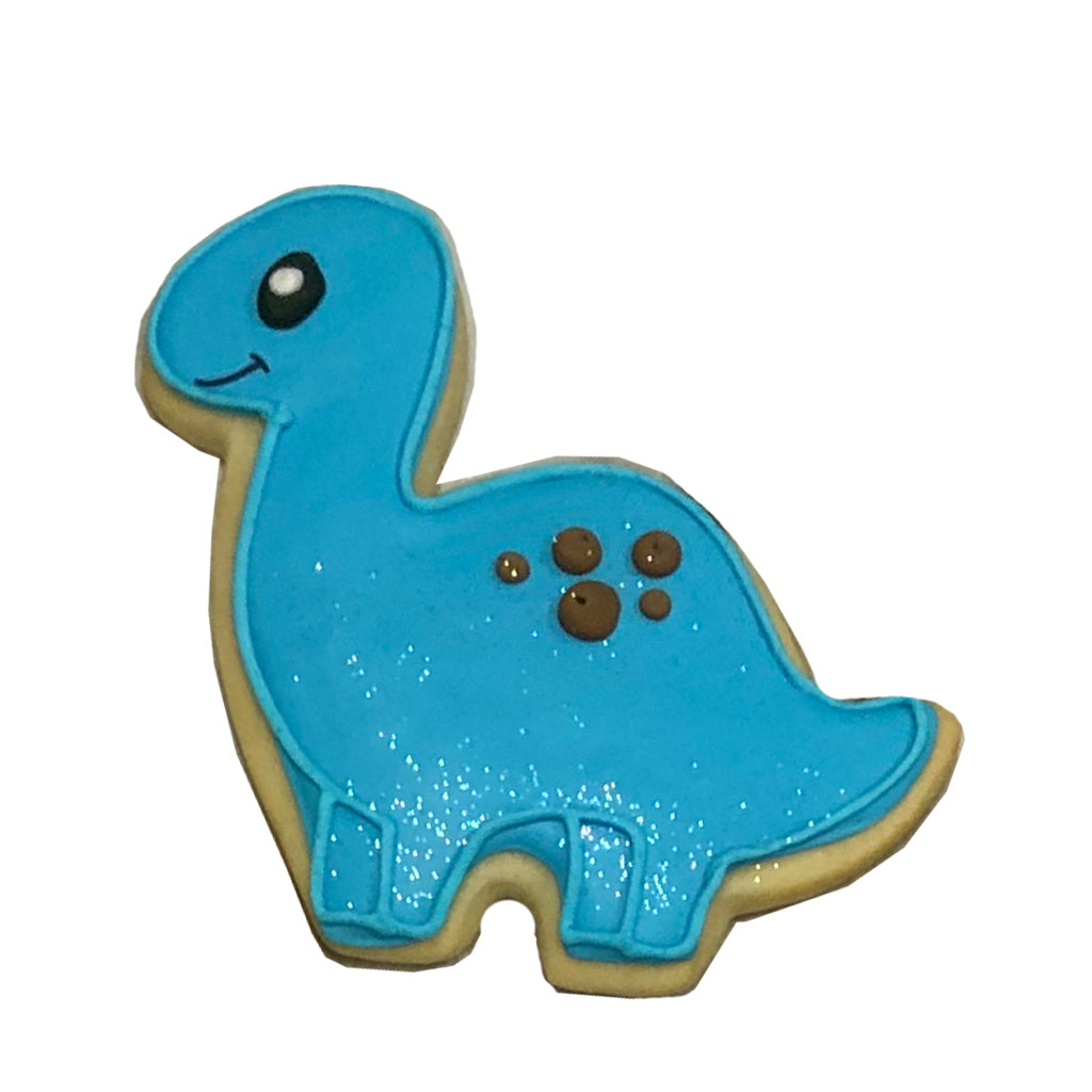 Dino Baby sugar cookie with blue icing and brown spots
