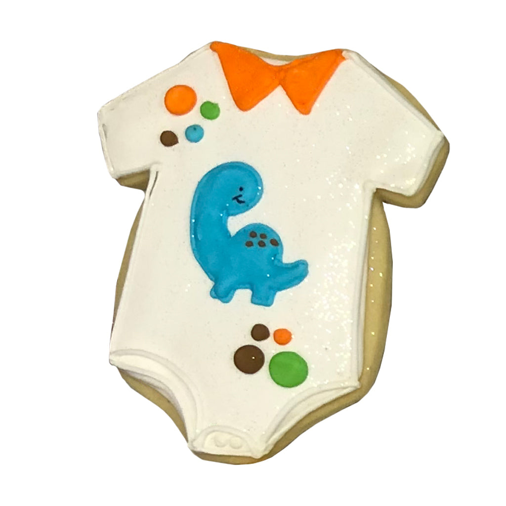 Dino onesie cookie with blue dinosaur and orange collar icing.