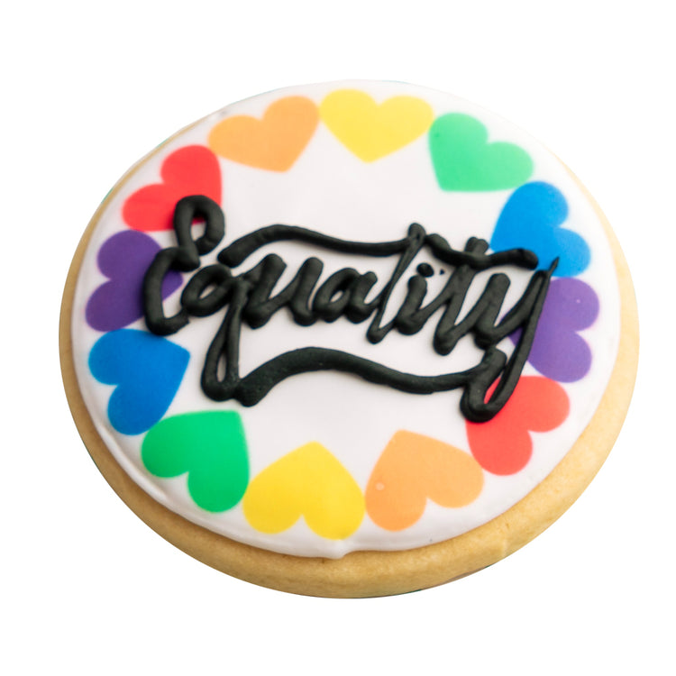 Rainbow message cookie with colorful hearts and Equality text.
