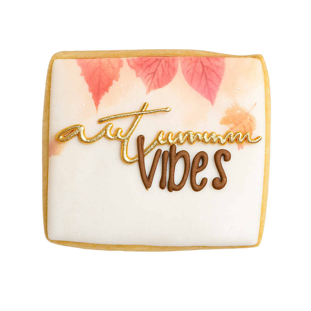 Square Fall cookie with Autumn Vibes text and leaf design.