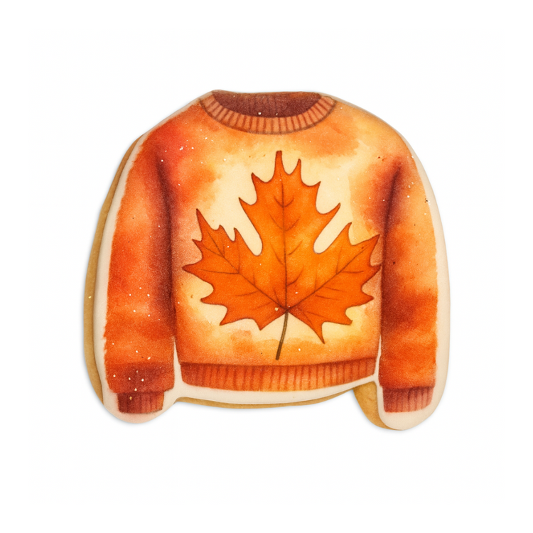 Fall sweater cookie with an orange maple leaf design.