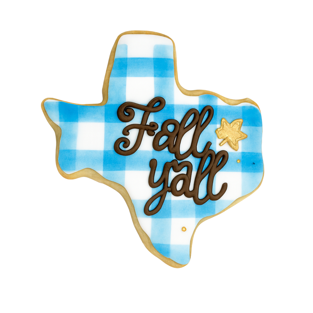 Fall Cookies shaped like Texas with blue gingham and Fall y'all text