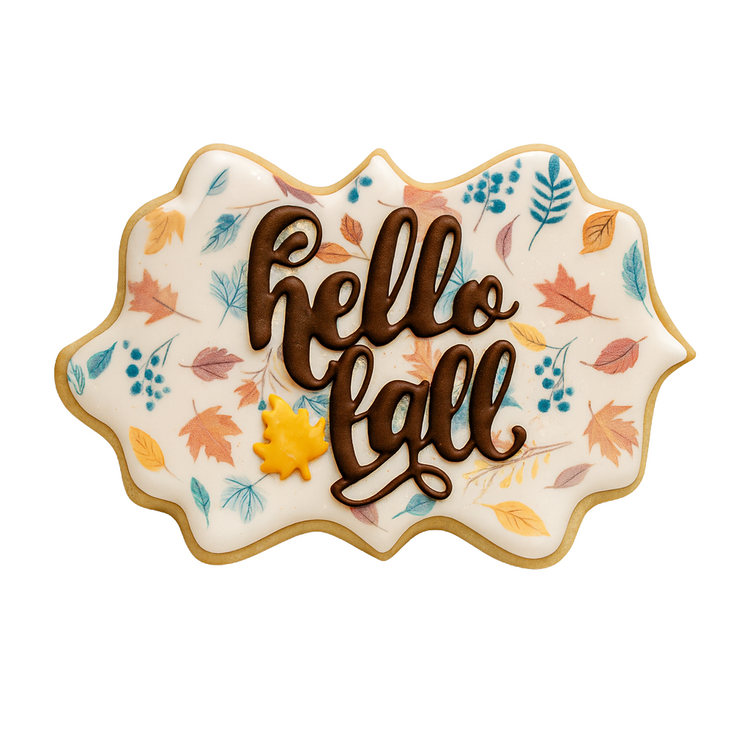 Hello Fall cookie with colorful leaf pattern and icing.