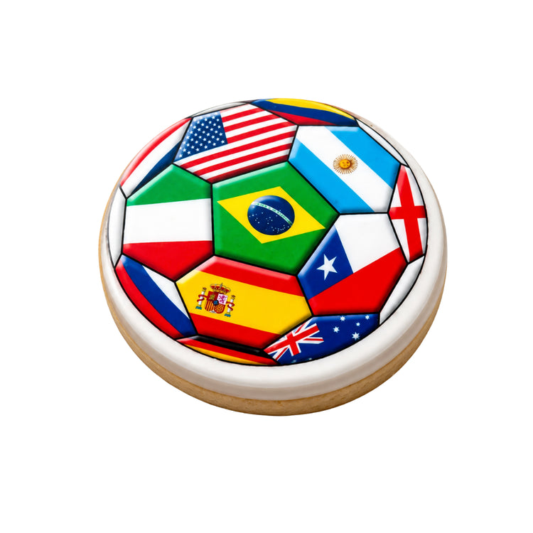 World Cup cookie shaped like a soccer ball with country flags