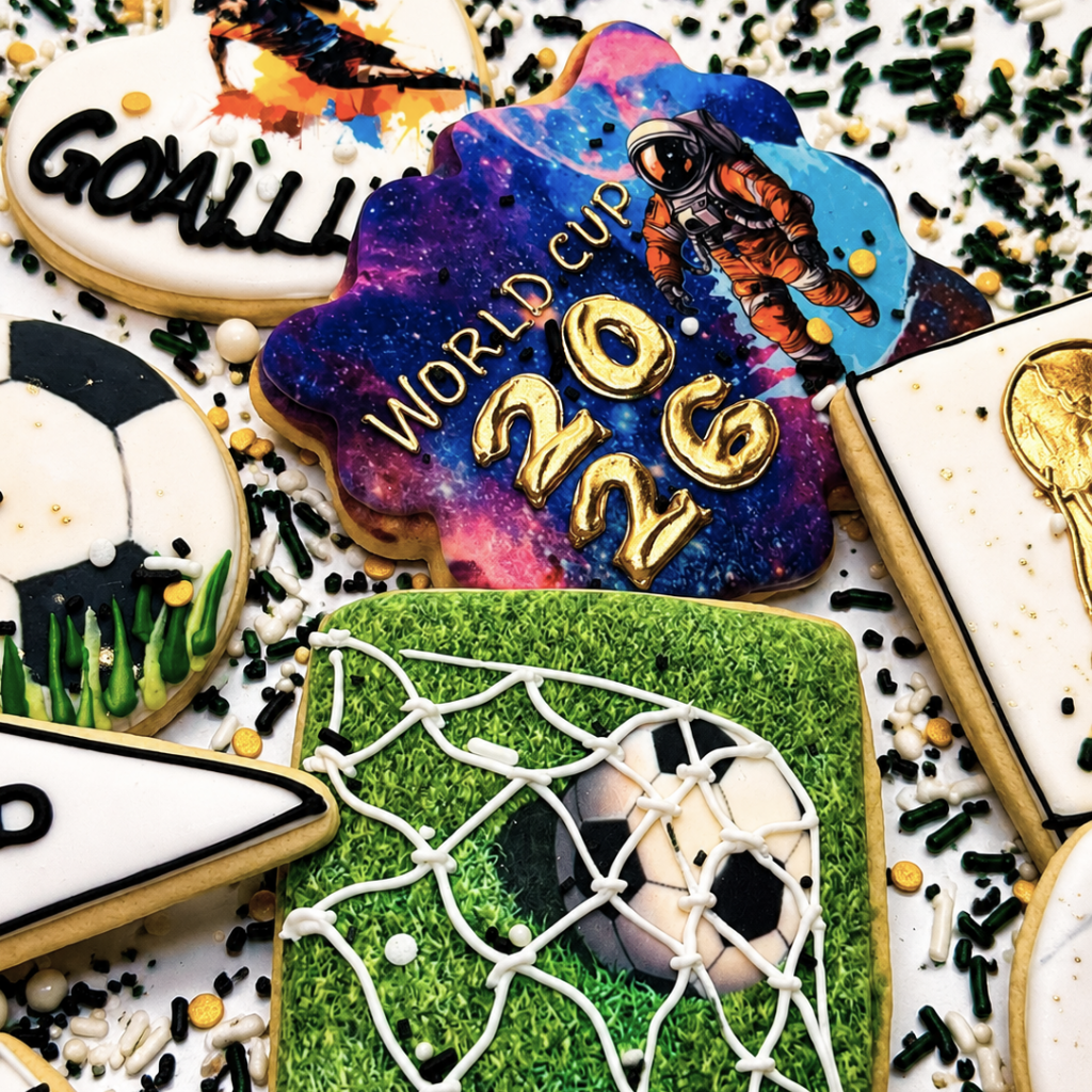 Assorted World Cup cookies with soccer and space-themed icing.