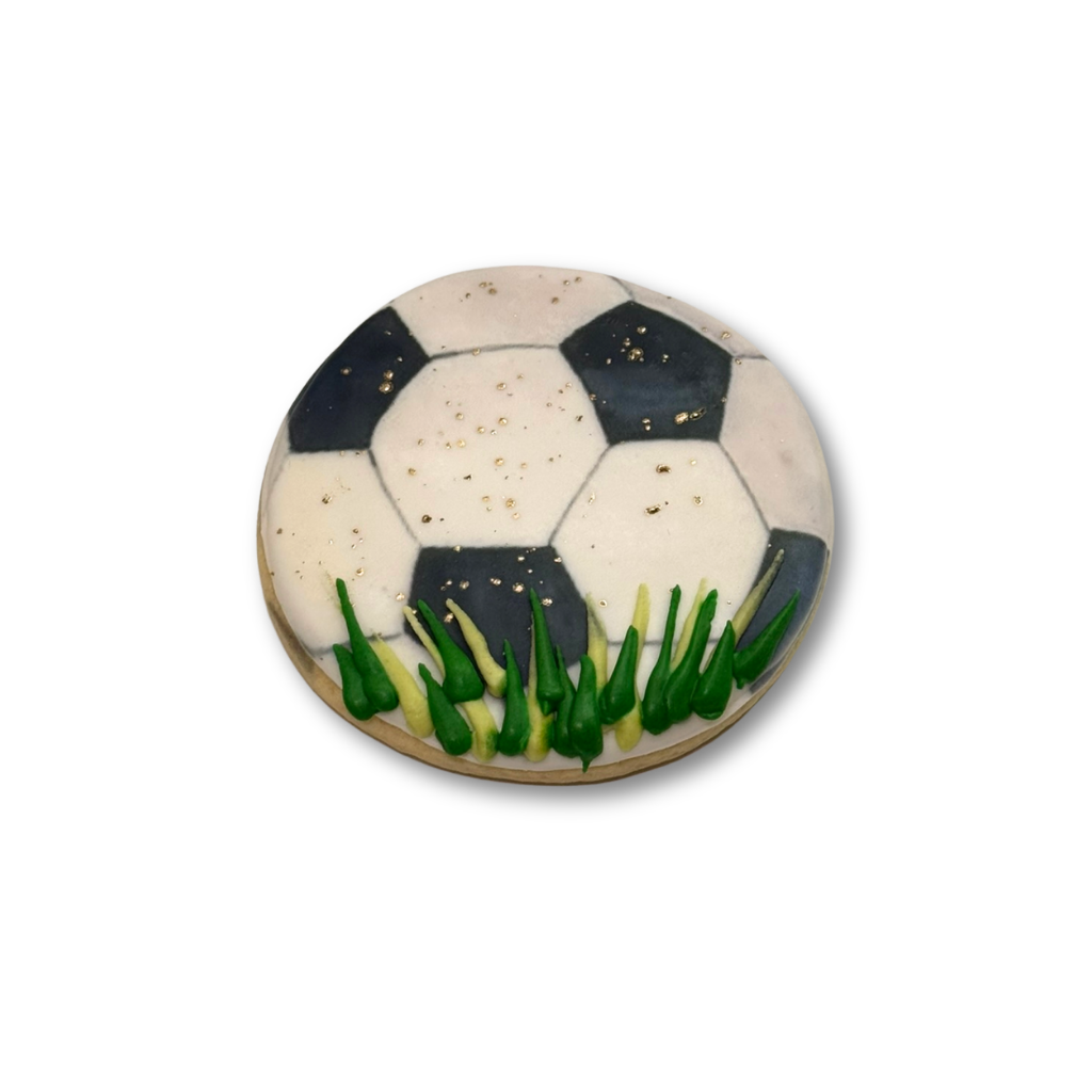 World Cup cookie with soccer ball design and green icing grass.