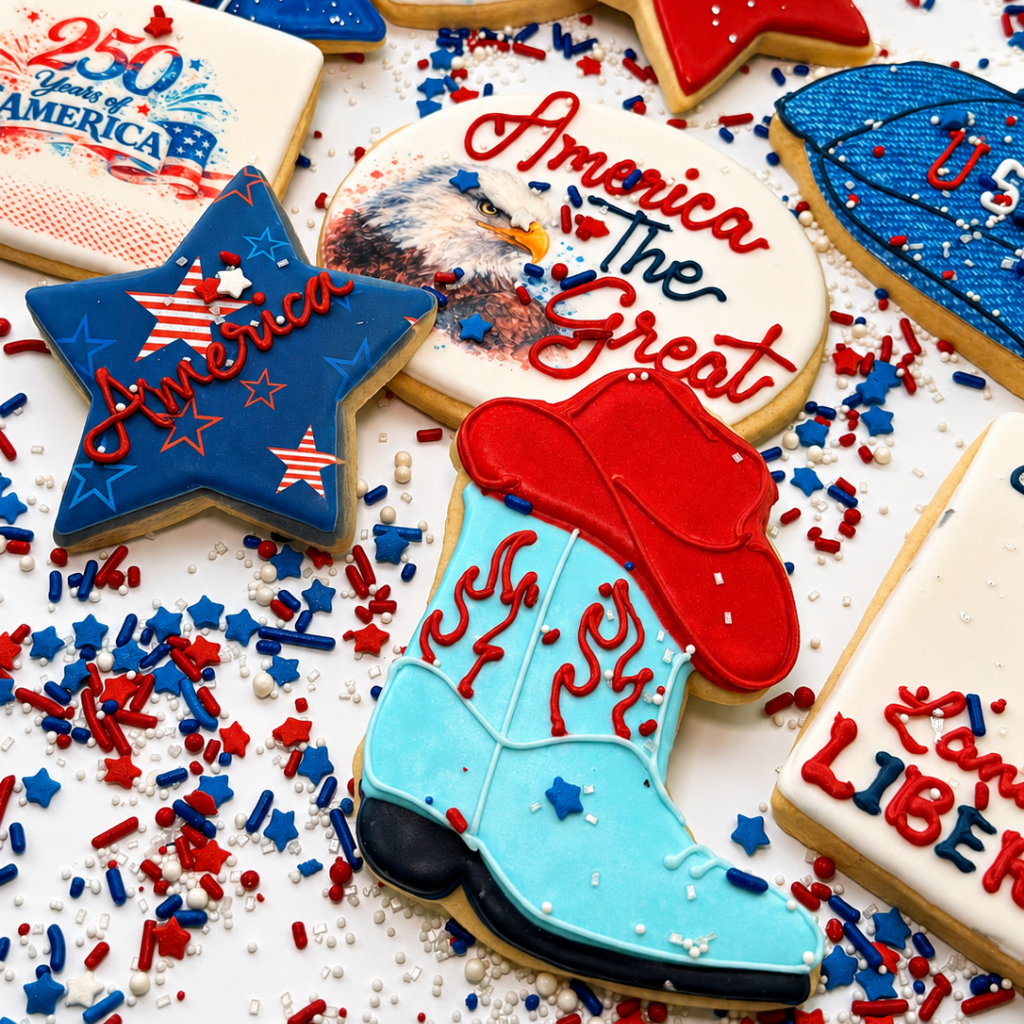 Assorted 4th of July cookies with patriotic icing designs