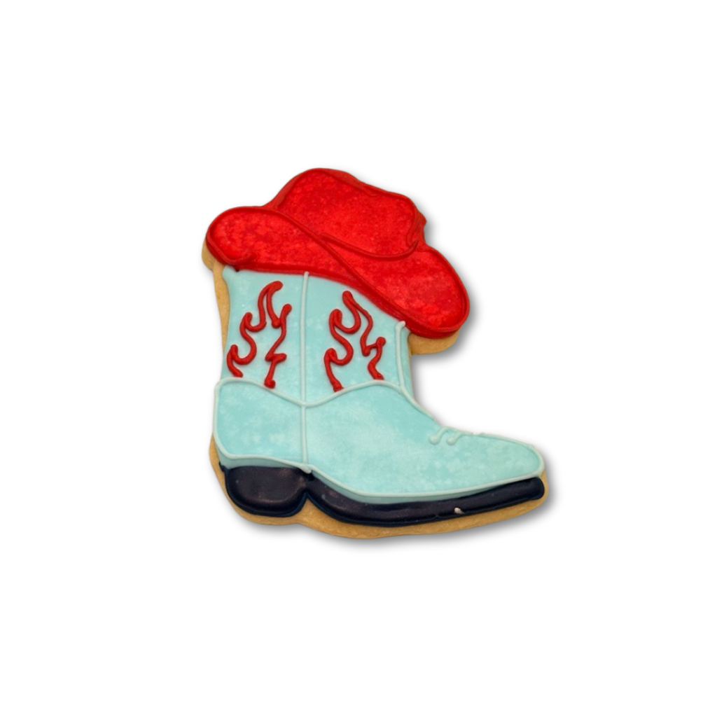 4th of July cookie shaped like a light blue cowboy boot and hat