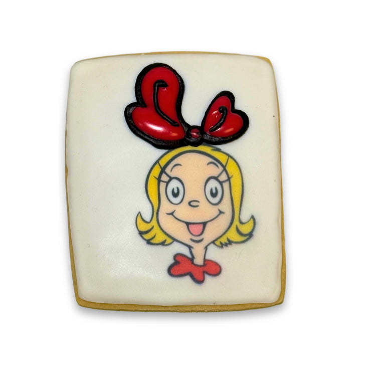 Merry Grinchmas square cookie featuring Cindy Lou Who.