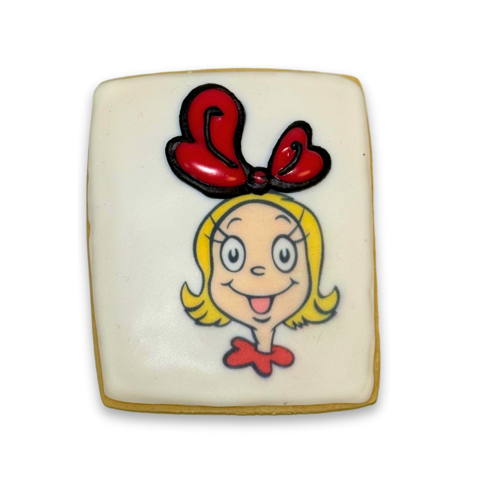 Merry Grinchmas square cookie featuring Cindy Lou Who.