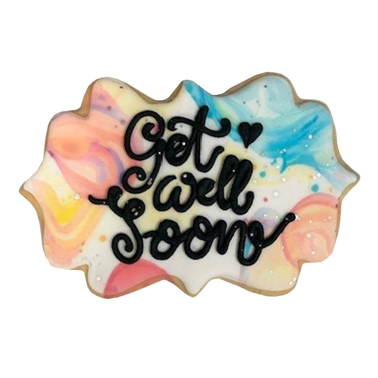 Get Well Soon plaque cookie with pastel marbled icing
