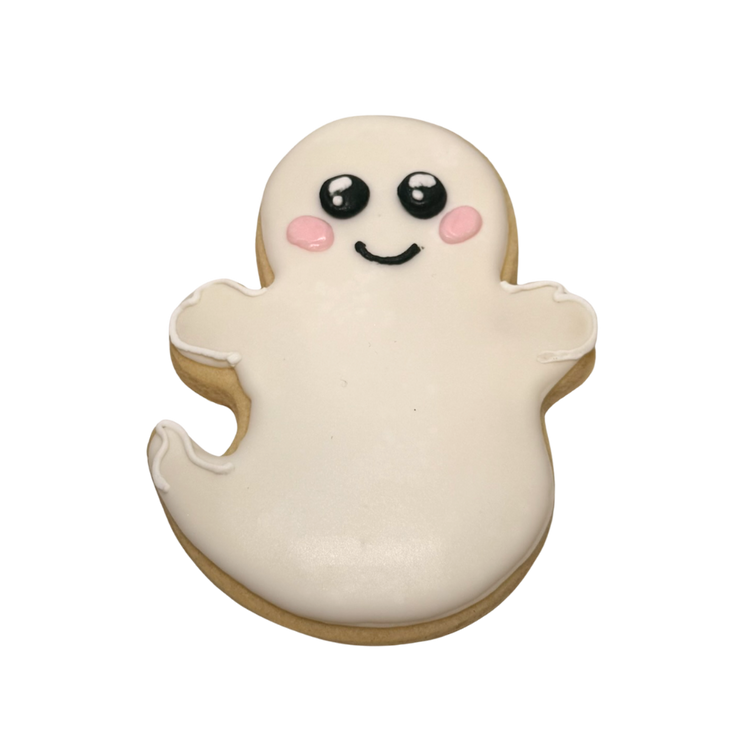 Halloween ghost cookie with white icing and pink cheeks.