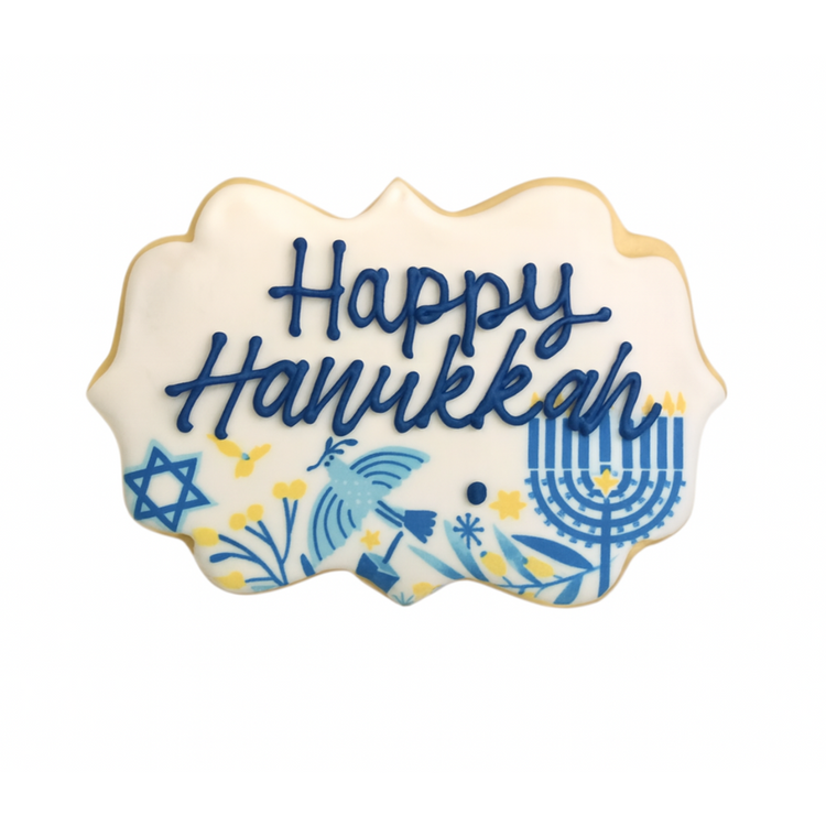 Hanukkah cookie with blue icing and menorah design.