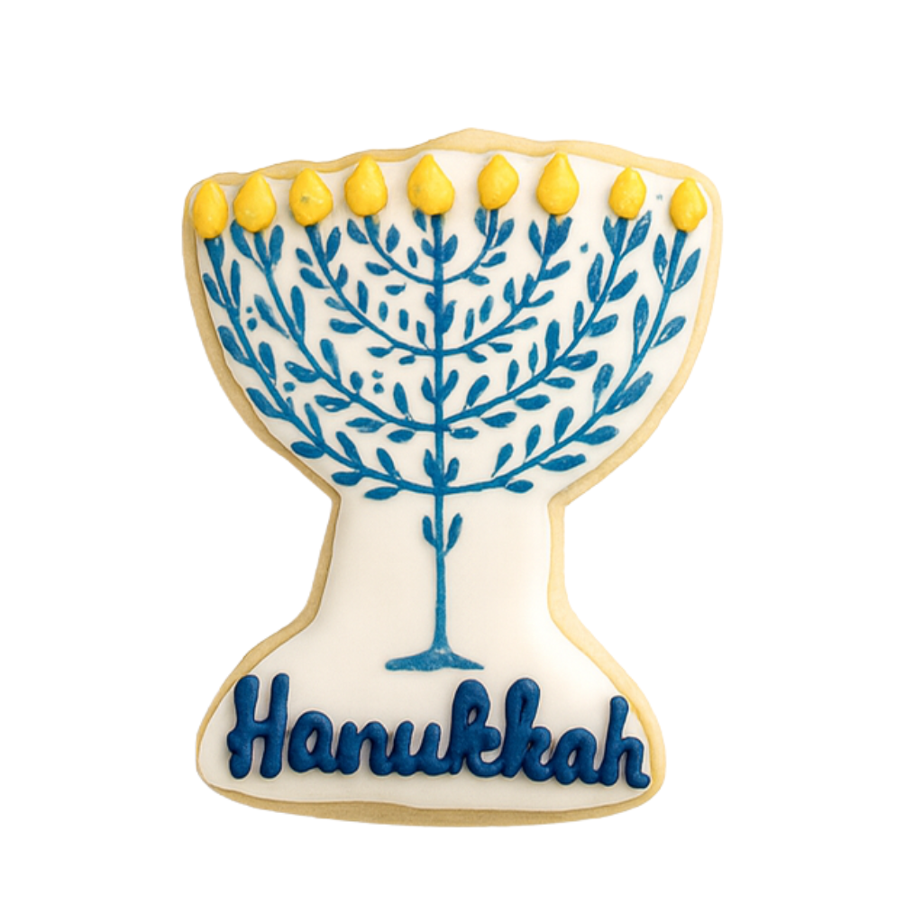 Hanukkah cookie shaped like a blue and yellow menorah.