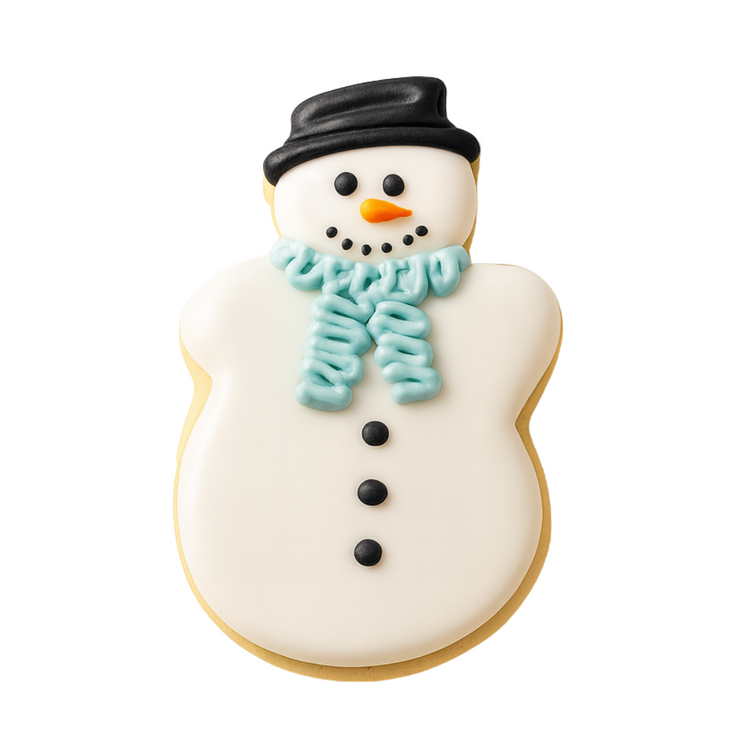 Snowman-shaped Hanukkah cookie with a blue icing scarf.