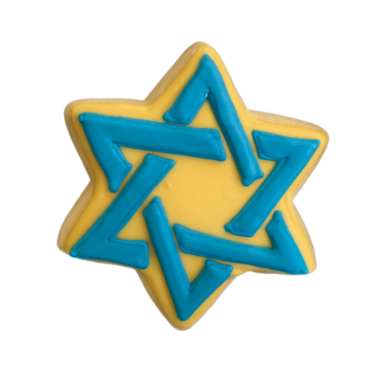 Hanukkah cookie shaped like a yellow and blue Star of David.