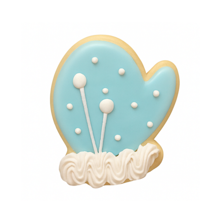 Hanukkah mitten cookie with blue icing and white details.