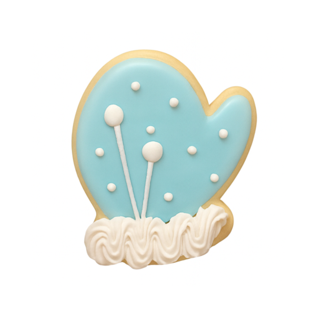Hanukkah mitten cookie with blue icing and white details.