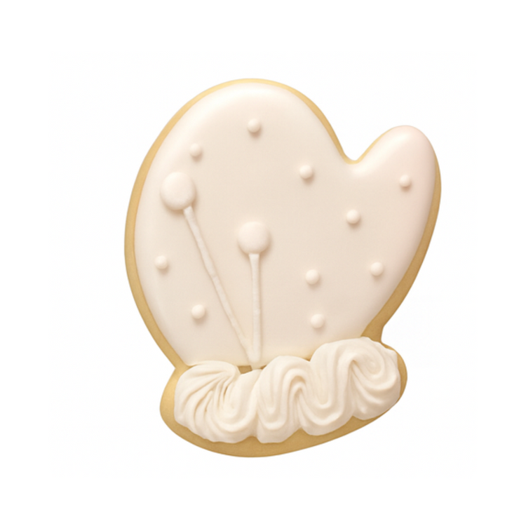 Hanukkah mitten cookie with white icing and piped trim.