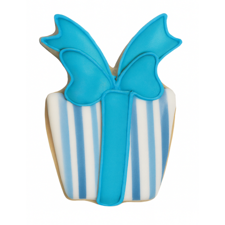 Hanukkah gift-shaped cookie with blue and white stripes