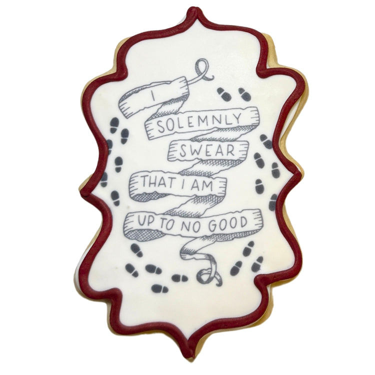 Harry Potter cookie with Marauder's Map quote and footprints.
