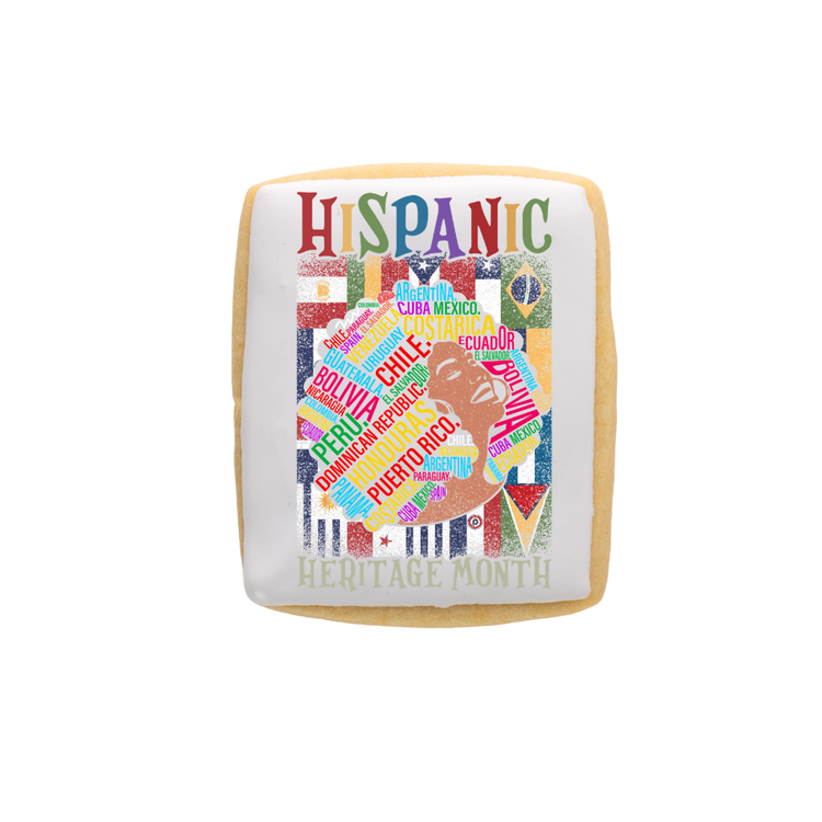 Hispanic Heritage cookie with colorful country name typography.