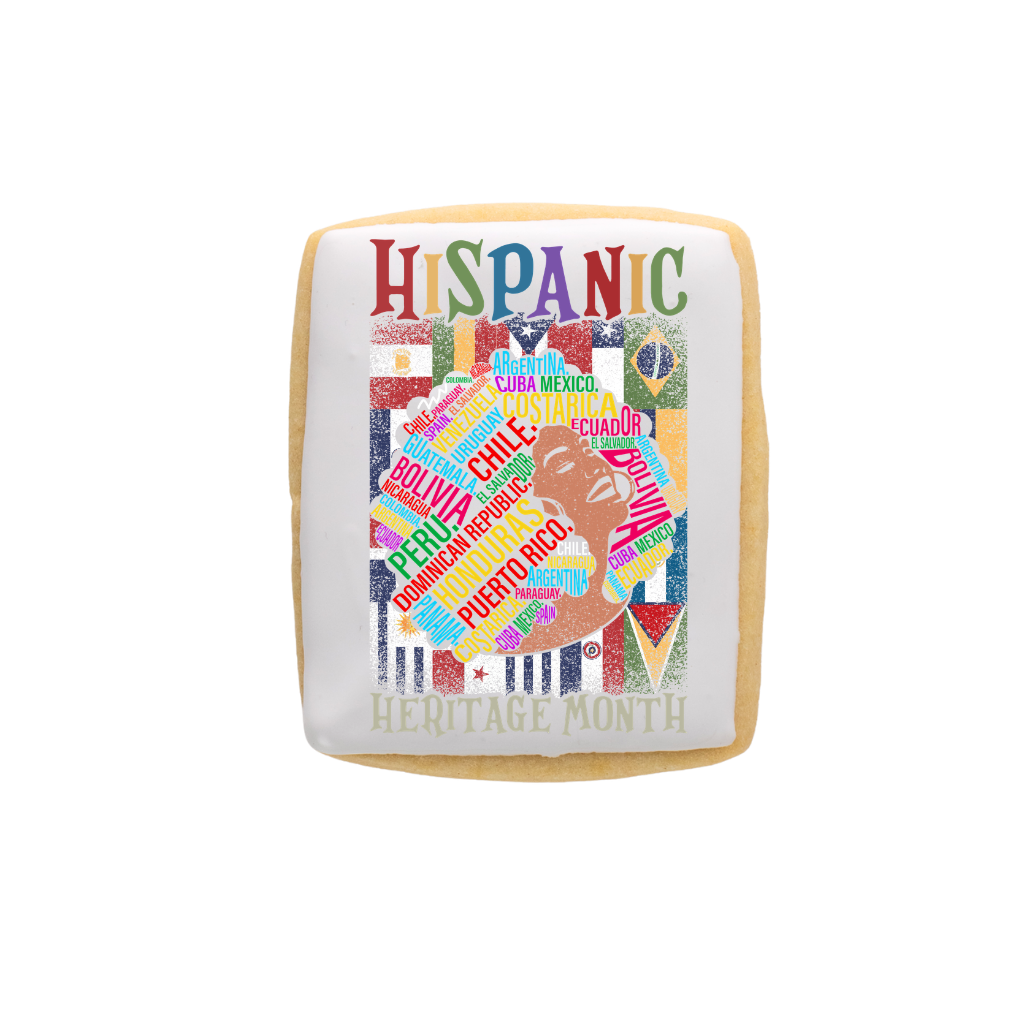 Hispanic Heritage cookie with colorful country name typography.
