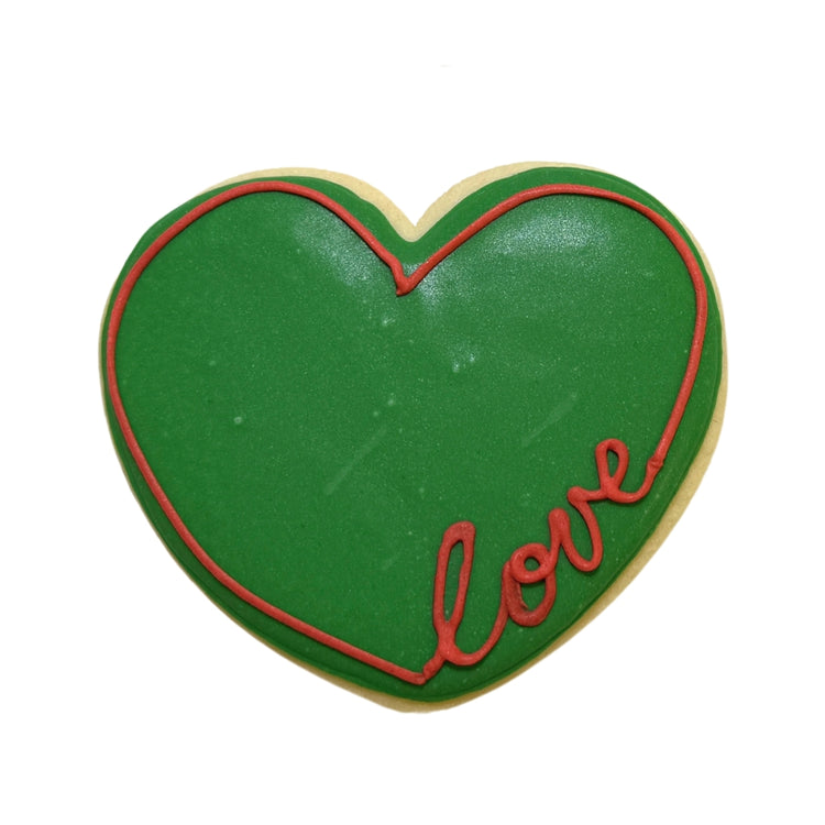 Juneteenth heart-shaped cookie with green icing and red love text.
