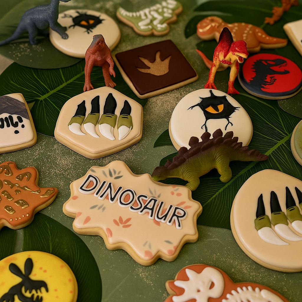 Assorted Jurassic cookies decorated with dinosaur motifs.