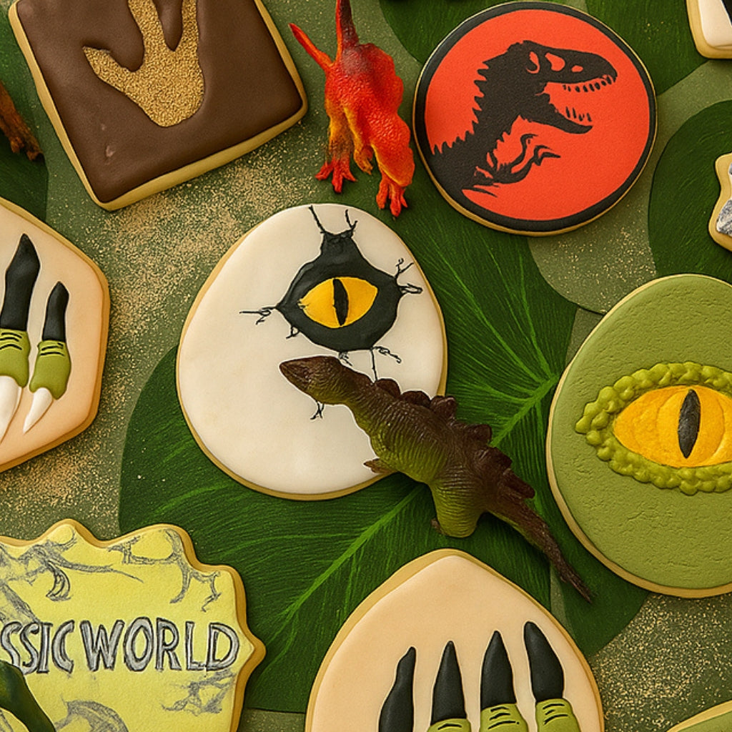 Jurassic Cookies, Assorted, featuring dinosaur-themed icing.