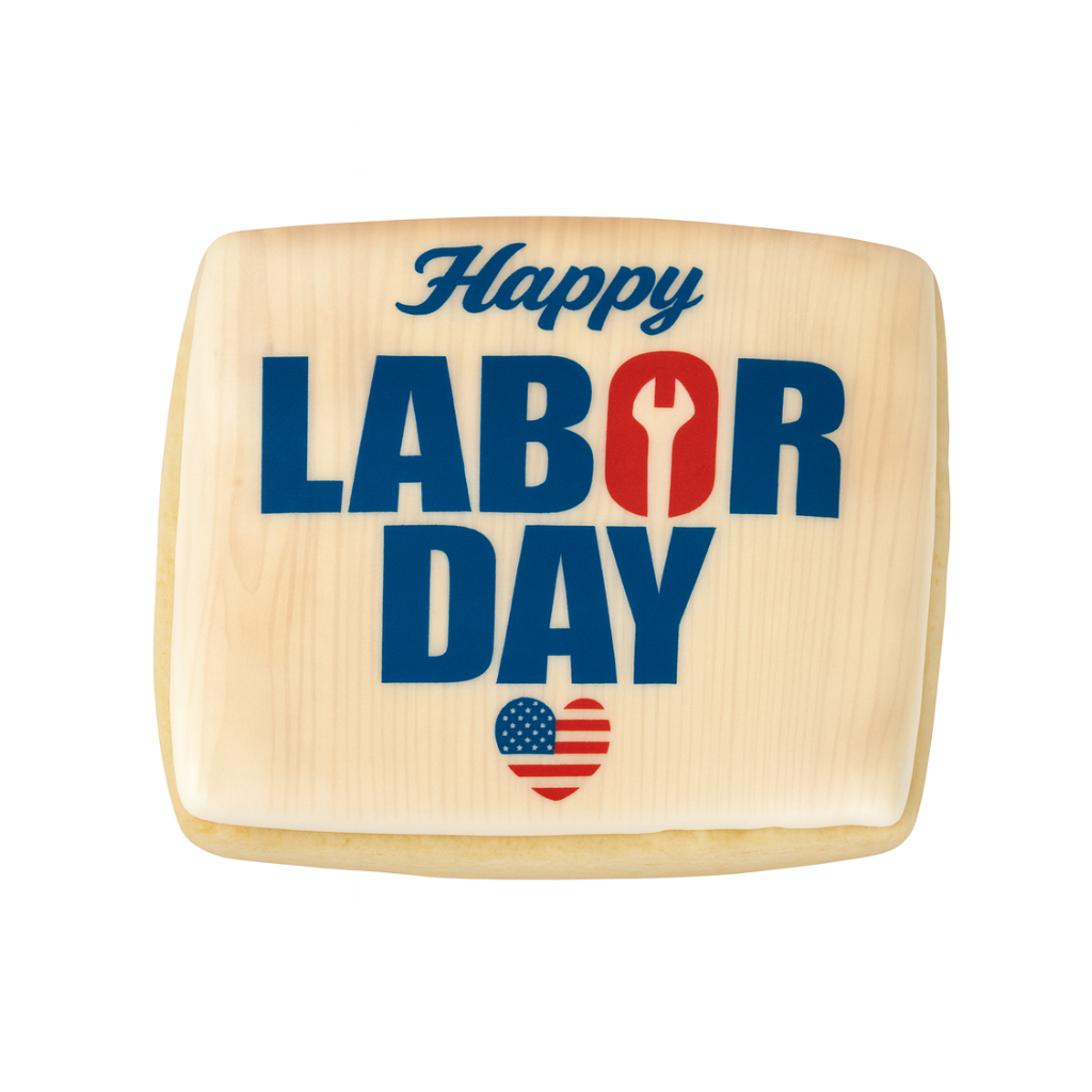Labor Day cookie with blue text and a red wrench icon.