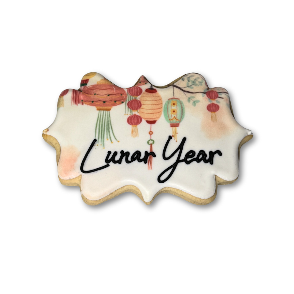 Lunar New Year cookie with lantern print and black lettering