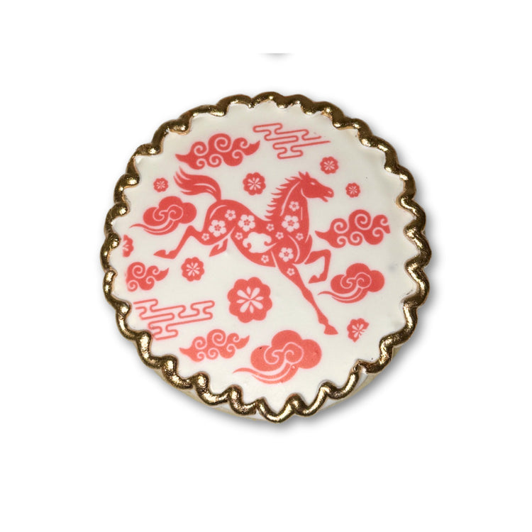 Lunar New Year cookie with red horse and gold scalloped edge
