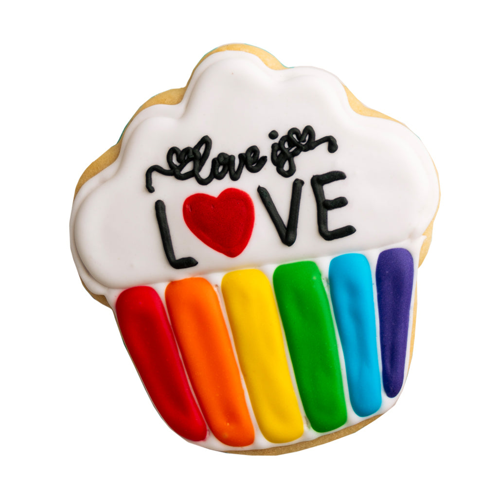 Love is Love cupcake-shaped cookie with rainbow icing.