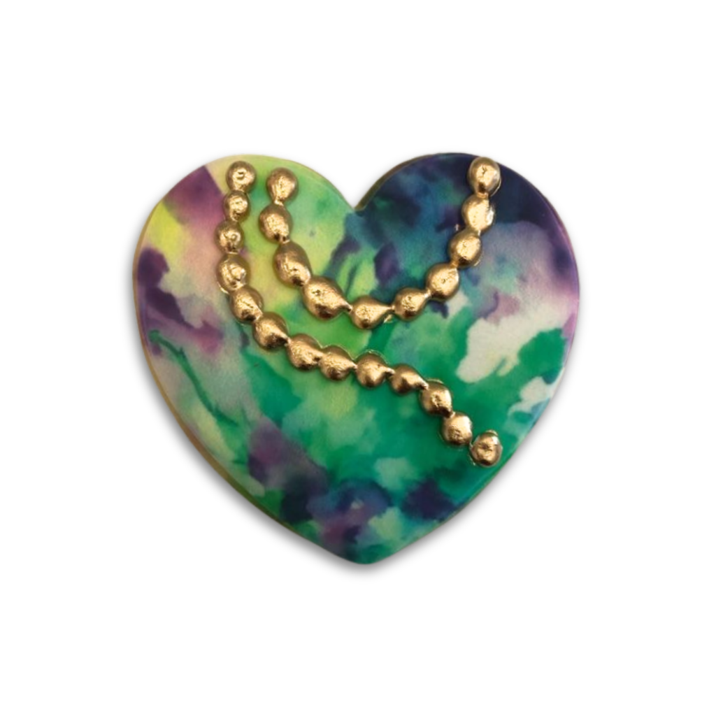 Mardi Gras heart-shaped butter cookie with gold bead detail.