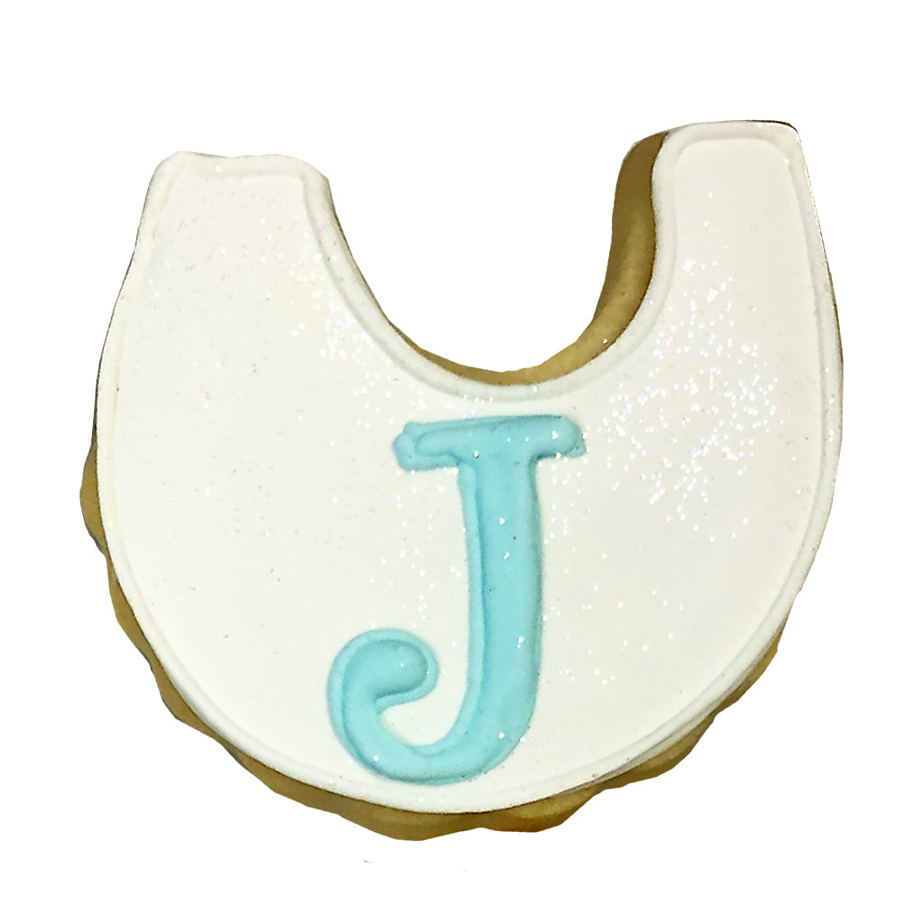 Monogrammed bib cookie with white icing and blue letter J