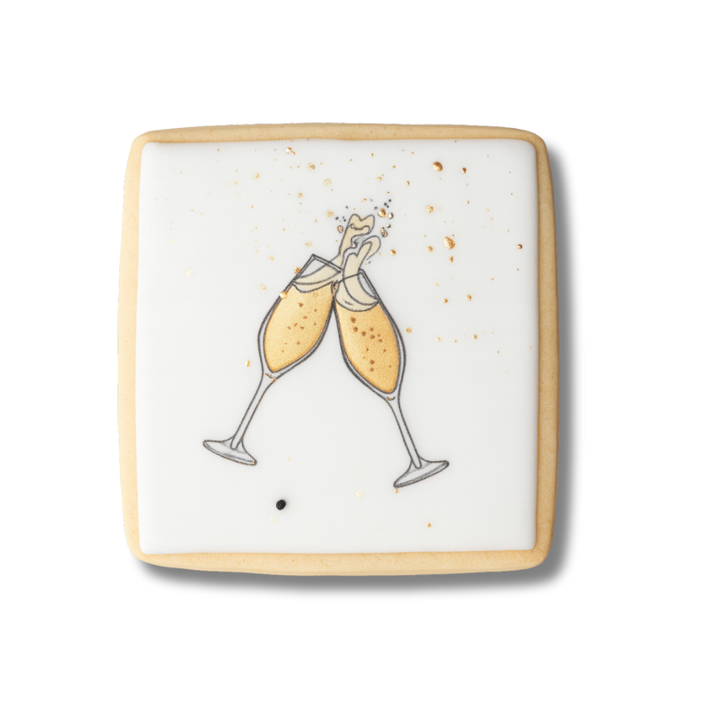 Square New Year cookie with gold champagne flute illustration