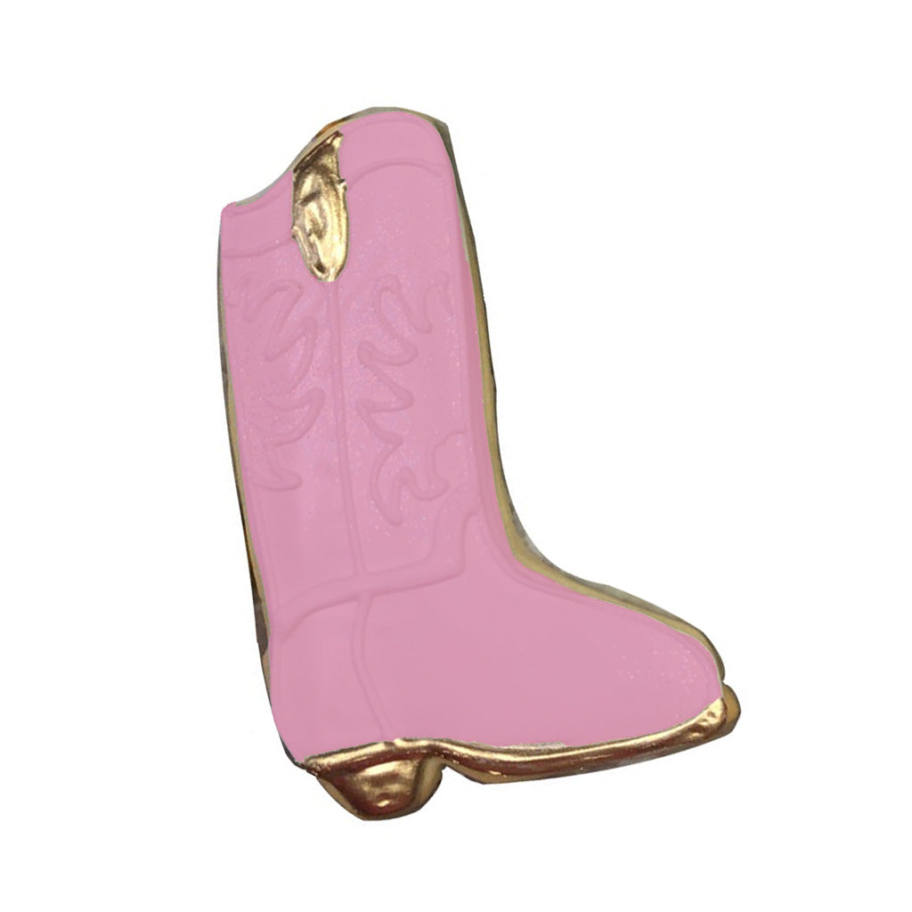 Pink cowboy boot pin with gold trim detail.