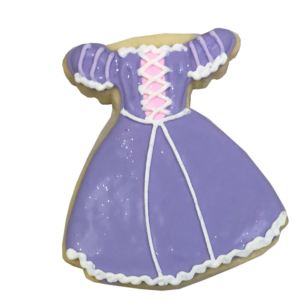 Princess gown cookie with purple icing and pink corset detail