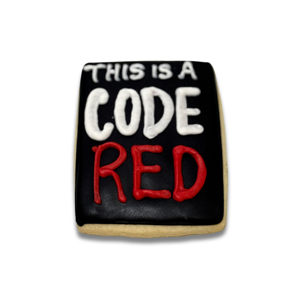Stranger Cookie with black icing and Code Red text.