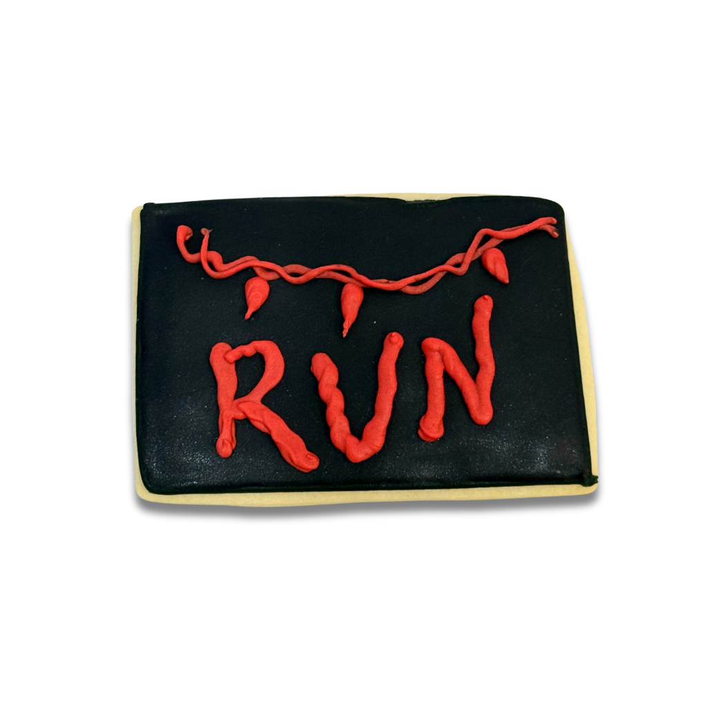 Stranger Cookies with red RUN text and lights on black icing