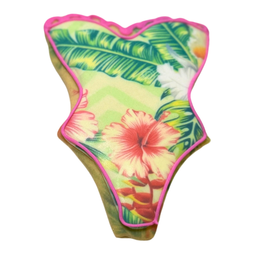 Summer cookie shaped like a swimsuit with tropical print.